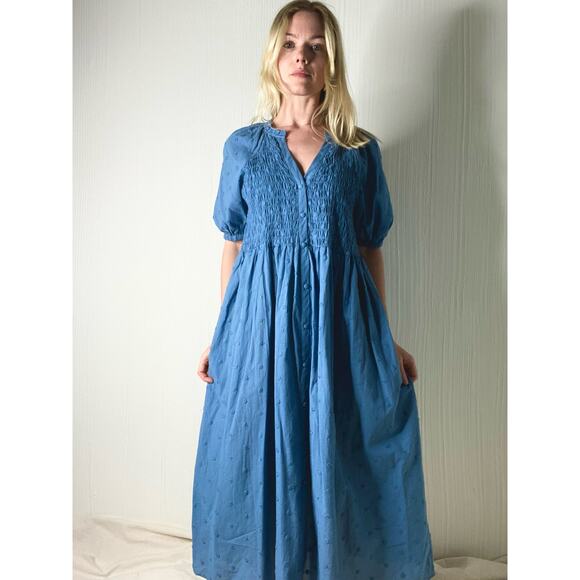 MNG Cotton Blue Smocked Puff Sleeve Maxi Dress NWT US 8 - Picture 1 of 12